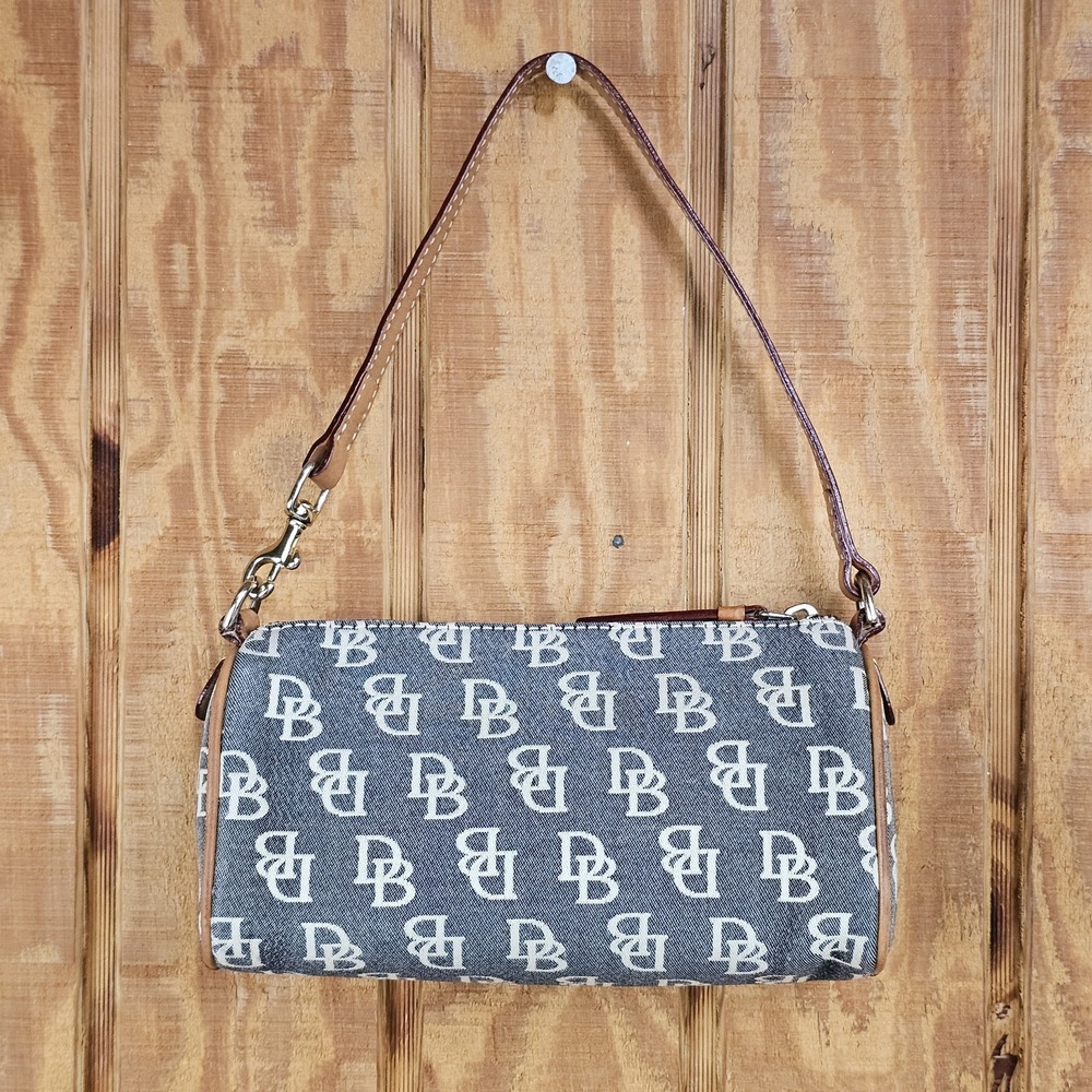 Dooney & Bourke DB Monogram Canvas Mini Barrel Bag Wristlet Purse Grey Y2K